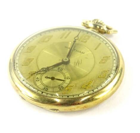 A Waltham Colonial pocket watch, with silvered colour dial, seconds dial, brown hands, minor scratching, numbered 24323679, and 64410, marked to casing 14KT, 49.6g all in.