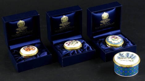 Four Royal Worcester Connoisseur collection porcelain boxes, each decorated with botanical specimens (3 boxed).