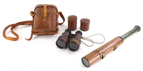 A set of French 1st World War period binoculars, stamped Le Maire Paris, in fitted leather case, stamped W Swart 1917 and a brass telescope (2).