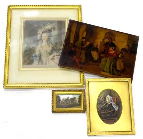 F.F. (19thC). Old lady seated, watercolour, initialled and dated 1878, 21cm x 14cm, oil on glass panel, two prints interior scene and young maiden (4).