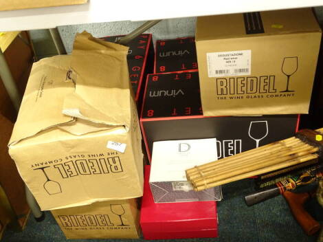 A large quantity of boxed everyday Reidel wine glasses, various sizes, Dartington Crystal etc.