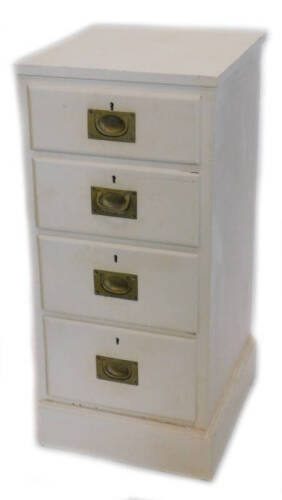 A pine narrow chest of drawers, with a plain top above four drawers, each with inset brass handles, on a plinth, later painted cream, 93cm high, 43cm wide, 47cm deep.