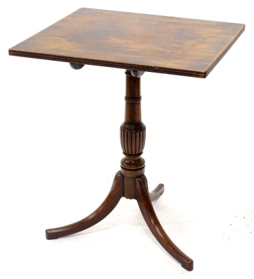 An early 19thC mahogany occasional table, the square tilt top with a reeded edge on turned and part fluted column with tripod base, 60cm width.