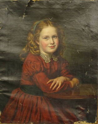 19thC British School. Half length portrait of a young lady in scarlet dress, oil on canvas, 70cm x 56.5cm.