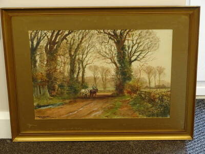 Henry Charles Fox (1855/60-1929). Country lane with horses, watercolour, signed and dated 1907, 38.5cm x 55cm. - 2