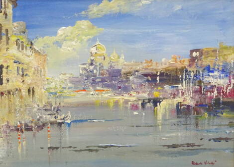 •Roberto Luigi Valente (b.1926). Venice canal scene, oil, signed, 26.5cm x 36.5cm.