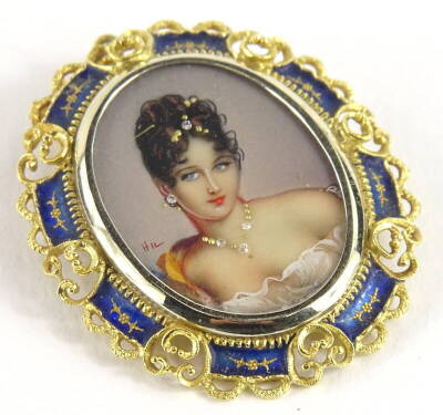 An oval painted brooch of a maiden, the maiden wearing a stone set necklace, tiara and earrings, in enamel decoration on white ceramic back, with a floral and blue enamel filigree design with a pendant loop top and single pin back, yellow metal, stamped 7