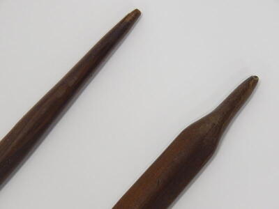 Two Tribal club paddles, one blackened to flat end, possibly South Sea Islands, 148cm x 133cm long. Provenance: By repute a gift from Lady Sheffield, Normanby Hall, Lincolnshire. - 3