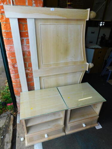 A pair of limed oak bedside cabinets, with glass tops, each 51cm high, 54cm wide, 48cm deep, together with a matching king size headboard, 119cm high. (3)