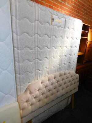 A double divan bed base with under drawers, and a Myers Thermasleep mattress and upholstered headboard. (3)