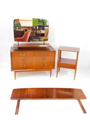 A Nathan teak dressing chest, with a swing frame mirror, over two short above two long drawers, raised on cylindrical legs, on brass capped feet, 122cm high, 99cm wide, 46cm deep., together with a Slumberland teak double headboard, and a Nathan teak bedsi