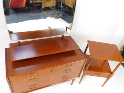 A Nathan teak dressing chest, with a swing frame mirror, over two short above two long drawers, raised on cylindrical legs, on brass capped feet, 122cm high, 99cm wide, 46cm deep., together with a Slumberland teak double headboard, and a Nathan teak bedsi - 2