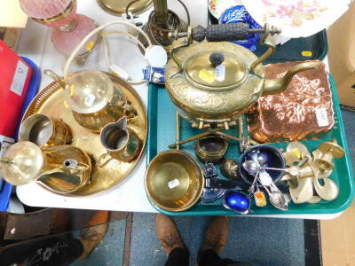 A Victorian brass kettle on stand, copper mousse mould, plated commemorative spoons, condiment set, five piece tea set, etc. (1 tray plus)