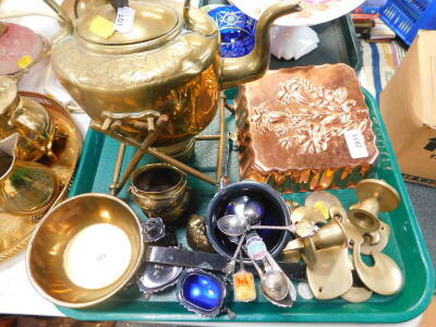 A Victorian brass kettle on stand, copper mousse mould, plated commemorative spoons, condiment set, five piece tea set, etc. (1 tray plus) - 2