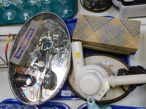 A Hawkins Supreme white Bakelite hairdryer, plated ware including an oval galleried tray and flatware, silk picture, etc. (1 tray)