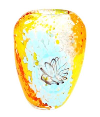 A vintage Art glass vase, of shaped oval form, spot painted in blue, yellow, orange, pink, etc., unmarked, possibly Swedish, 28cm high.