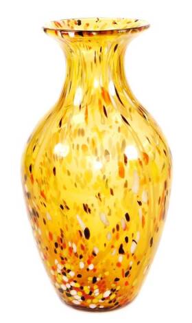 A vintage Art glass vase, of shouldered form with trumpet stem, spot decorated predominately in white, yellow and red, 36cm high.