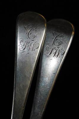 A pair of George III silver tablespoons, old English pattern with plain bowls, initialled, London 1799, 22cm wide, 4.7oz. - 2