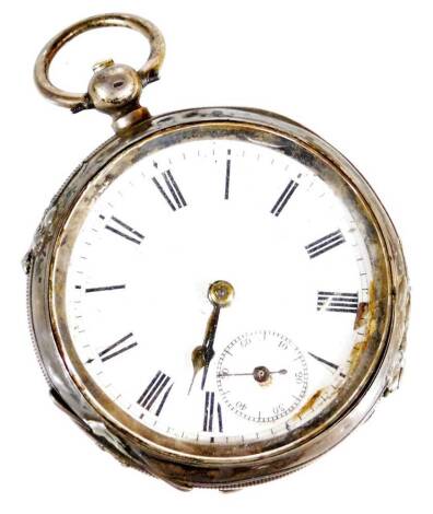 An early 20thC open faced pocket watch, the 5cm diameter Roman numeric dial with subsidiary Arabic second hand and a part engine turned cased with vacant cartouche, marked 0.9335, with plain ring top, 7cm high.