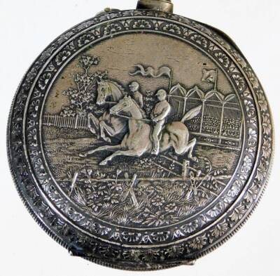 A 20thC Argentan Beaucourt fancy Goliath pocket watch, with Arabic numerals, silvered jewelled 5cm diameter face, with subsidiary Arabic second hand and plain pointers, in a heavily repousse decorated case with horse racing scene to the back, plain inner - 4