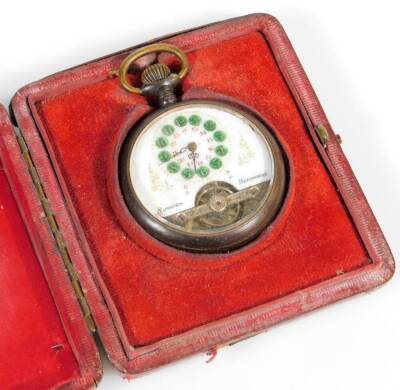 A late 19thC eight day open faced pocket watch, with fancy 4cm diameter dial revealing partial movement with green Arabic numerals, in a plain case, with a silver and red Moroccan leather travel case with flush easel back. - 2