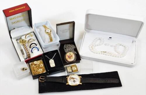 Various jewellery, a Madonna fashion watch set with removable bezels and 2cm diameter main dial, necklace, Citron wristwatch, another with quartz movement and playing card face, a further necklace marked 925, Unlette wristwatch head and another, pendant,