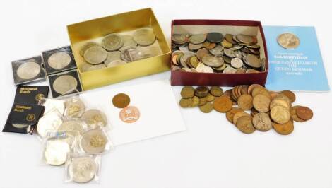 Various coins, would used, pre decimal, etc., to include 3d bits, Canada 1960 dollar, various pennies with original patina, Queen Mother commemorative crown, various other crowns, Churchill crowns, etc. (a quantity)