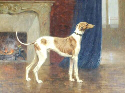 •Georges Frederic Rotig (1873-1961). Greyhound, in a interior setting before open fire, oil on canvas, signed, 44cm x 60cm.