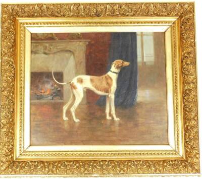 •Georges Frederic Rotig (1873-1961). Greyhound, in a interior setting before open fire, oil on canvas, signed, 44cm x 60cm. - 2