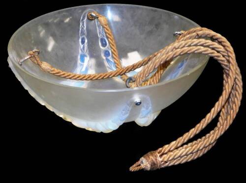 A 20thC Lalique opaque glass plaffonier ceiling light, of circular form raised with garlands, with original rope hangers, 34cm diameter, marked R.Lalique.