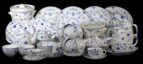 A Furnivals Denmark pattern blue and white part dinner service, to include teapot, 18cm high, bowls, coffee pot, water jug, lidded vegetable dishes, gravy boat on stand, etc., printed marks beneath. (a quantity)