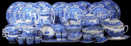 A Copeland Spode's Italian pattern part dinner service, to include lidded vegetable dishes, 26cm wide, open bowl, shaped plates, dinner plates, side plates, soup bowls, milk jug, lidded sugar bowl, coffee pot, teapot, etc., various printed marks beneath.