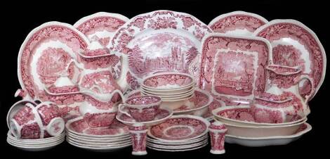 A 20thC Enoch Wedgwood Royal Homes of Britain redware transfer printed part dinner service, to include meat plate, 35cm wide, coffee pot, open vegetable dishes, jug, cruet set, bowls, teapot, milk jug, printed marks beneath. (a quantity)