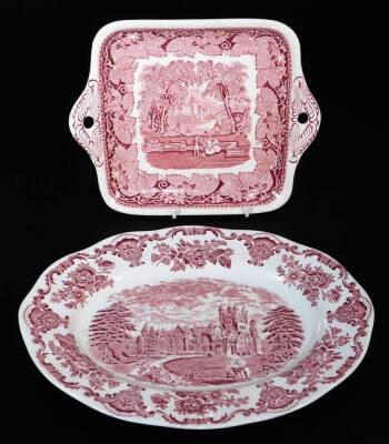 A 20thC Enoch Wedgwood Royal Homes of Britain redware transfer printed part dinner service, to include meat plate, 35cm wide, coffee pot, open vegetable dishes, jug, cruet set, bowls, teapot, milk jug, printed marks beneath. (a quantity) - 2