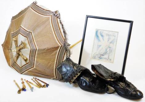 A pair of late Victorian child's boots, in black leather and a parasol with folding stem, when closed 35cm wide, lace bobbins and a tank and flag picture. (a quantity)