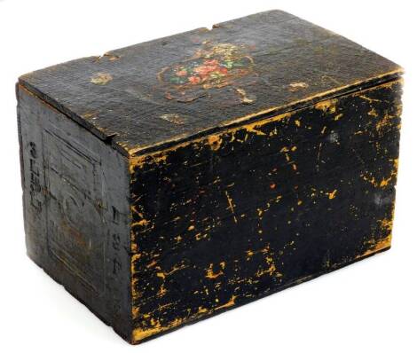 A Colman's Mustard advertising box, of rectangular form, ebonised and painted with a floral scene, with Colman's bull's head decoration to the interior, 14cm high, 22cm wide, 14cm deep. (AF)