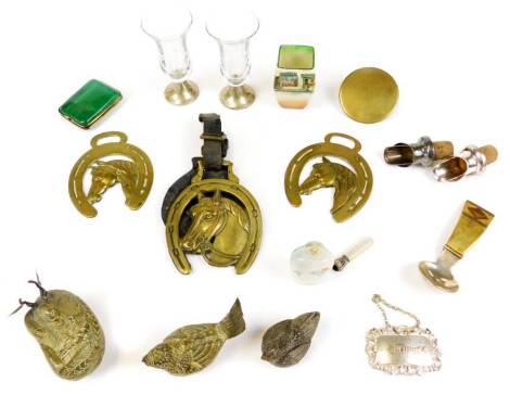 Various bygones and effects, port label 6cm wide, bottle pourers, miniature Doulton vase, glasses, brass casket, bird, horse brasses, etc. (a quantity)