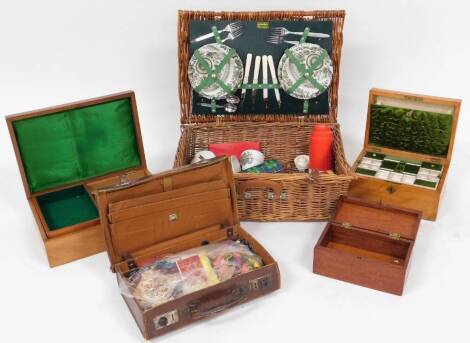 A vintage Brexton picnic hamper, 49cm wide, a leather travel case, walnut jewellery box, further jewellery box with flush lid, etc. (a quantity)