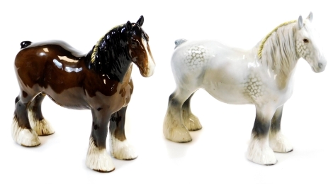 A 20thC Beswick shire horse in grey colour way, 22cm high, and another in brown. (2, AF)