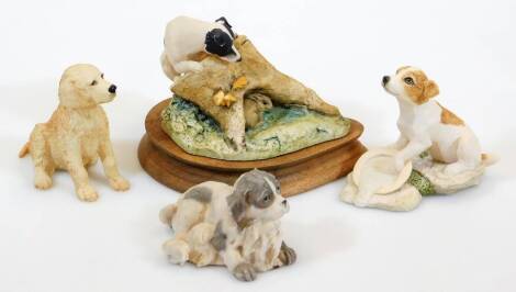 A Border Fine Arts Han Wall figure group, dog and tree bough on wooden plinth, 12cm high, Border Fine Arts golden retriever PG04, Patch and another unmarked. (4)