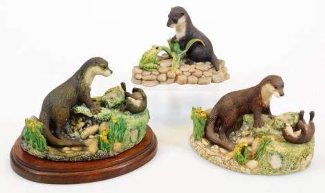 A Border Fine Arts Chiltern Collection Family Life group WW14, on wooden plinth base, 8cm high, a further otter and frog group and a Chiltern Collection Family Life WW14. (3)