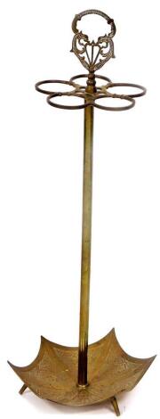 A 20thC brass umbrella stand, with circular ring top, shaped handle, cylindrical stem and umbrella shaped base, 80cm high.