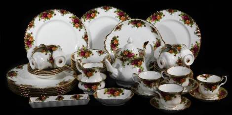 A Royal Albert Old Country Roses part tea service, to include sandwich plate, 26cm wide, cups, saucers, side plates, milk jug, sugar bowl, teapot, dish, printed marks beneath, etc. (a quantity)