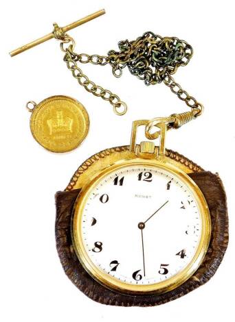 A 9ct gold mount, of circular form, 2cm diameter, containing a George III coin, and an open faced pocket watch, with slender link chain. (2)