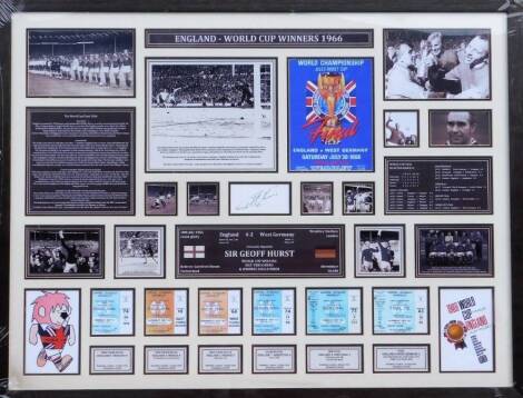 An England World Cup Winners 1966 framed montage, showing various photographic prints, reproduction programme front, various other prints, ticket stubs, prints, photographic prints, etc., in one frame, 84cm x 108cm.