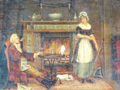 19thC School. Figures in an interior setting, gentleman smoking church wardens pipe aside lady before open fire and sleeping dog, oil on canvas, unsigned, 32cm x 39cm.