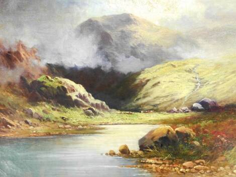 H Bates (19thC School). Highland landscape, stream before mountains with clouds gathering, oil on canvas, signed, 39cm x 64cm.