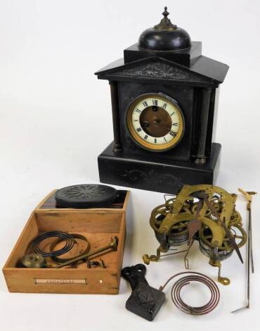 A late 19thC marble mantel clock, with domed top, the pediment raised with a hunting scene above a 10cm diameter chaptering with Roman numeric dial flanked by columns, wooden carcass, 33cm high, a restored Ansonia clock movement and various other pieces, 