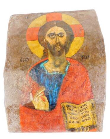 A Middle Eastern icon panel, showing Christ holding book marked Occo THP oil on board, 36cm x 27cm.