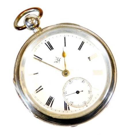 A Victorian silver open faced pocket watch, with 4cm diameter Roman numeric dial set with subsidiary second hand, in part engine turned case with vacant cartouche with key wind movement, Birmingham 1887, 6cm high, 3.2oz all in.